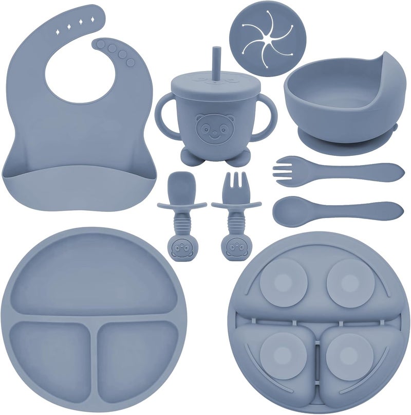Munlinder Silicone Baby Feeding Set | Baby Led Weaning Supplies Includes Suction Bowls and Divided Plates, Adjustable Bib, Baby Utensils Spoons and Forks,Cup | Baby Feeding Essentials (Blue Gray) - Image 1